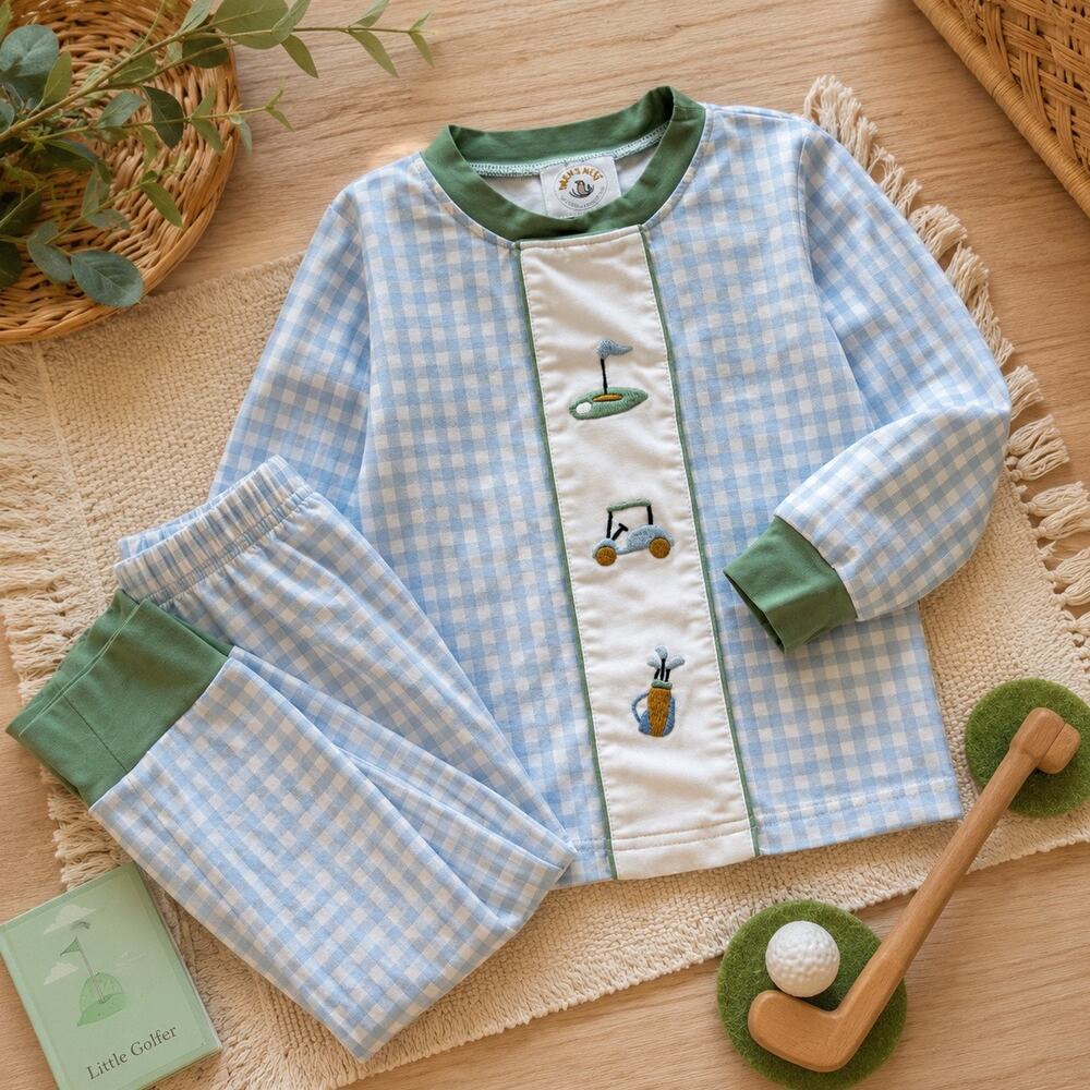 Wren’s Nest Golf Embroidered Gingham Lounge Set 3T Southern Boutique Toddler set